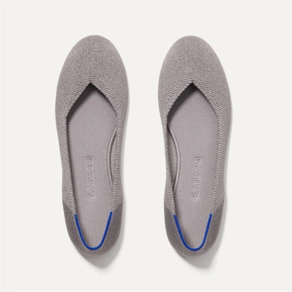 Rothy's Silver Knit Pointed Toe Flats with Blue Heel Trim